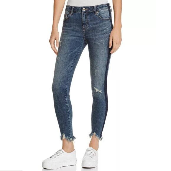 Pistola Audrey Side Stripe Distressed Skinny Blue Jeans High Rise Frayed Hem 24 - Picture 2 of 16